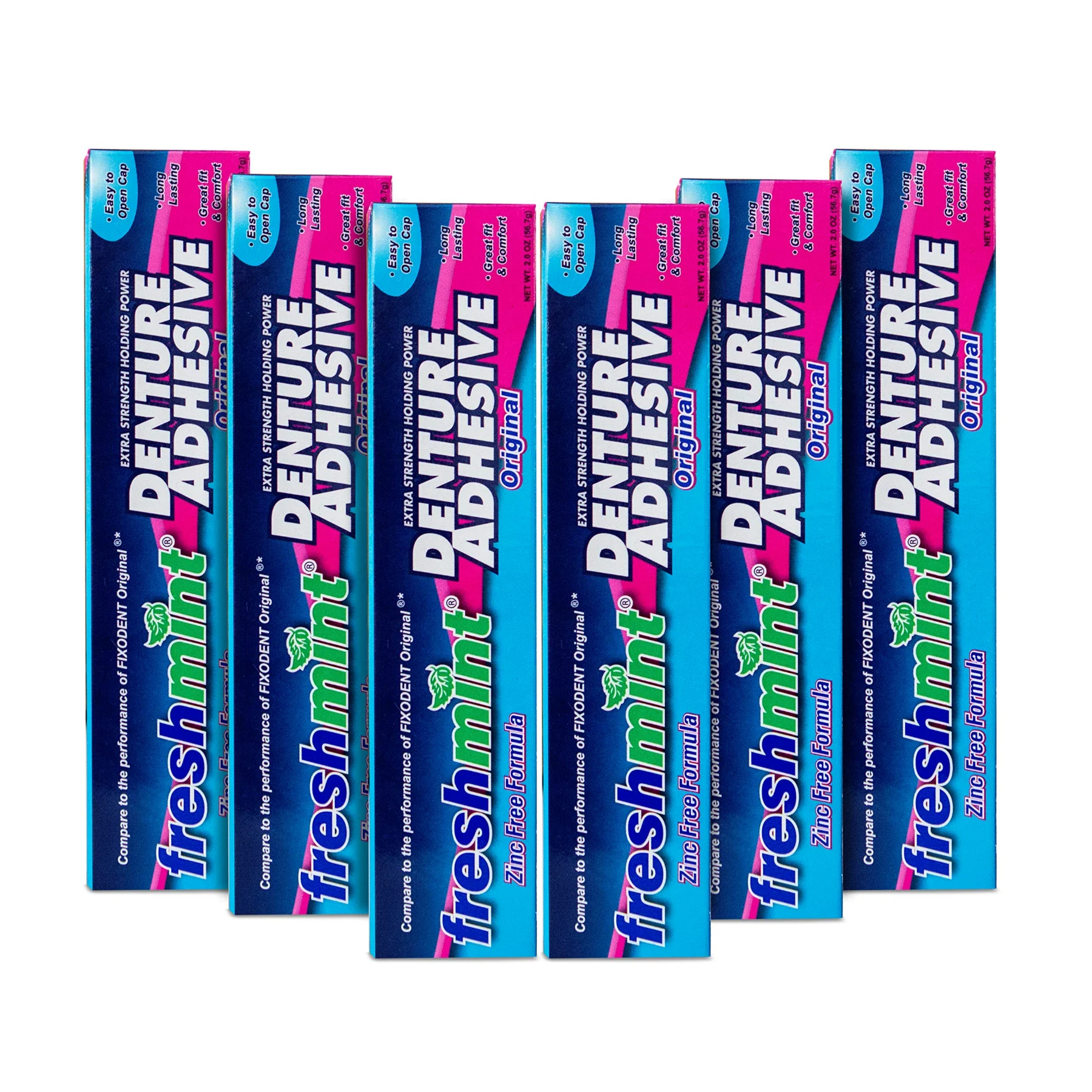 Freshmint denture adhesive tubes and cartons
