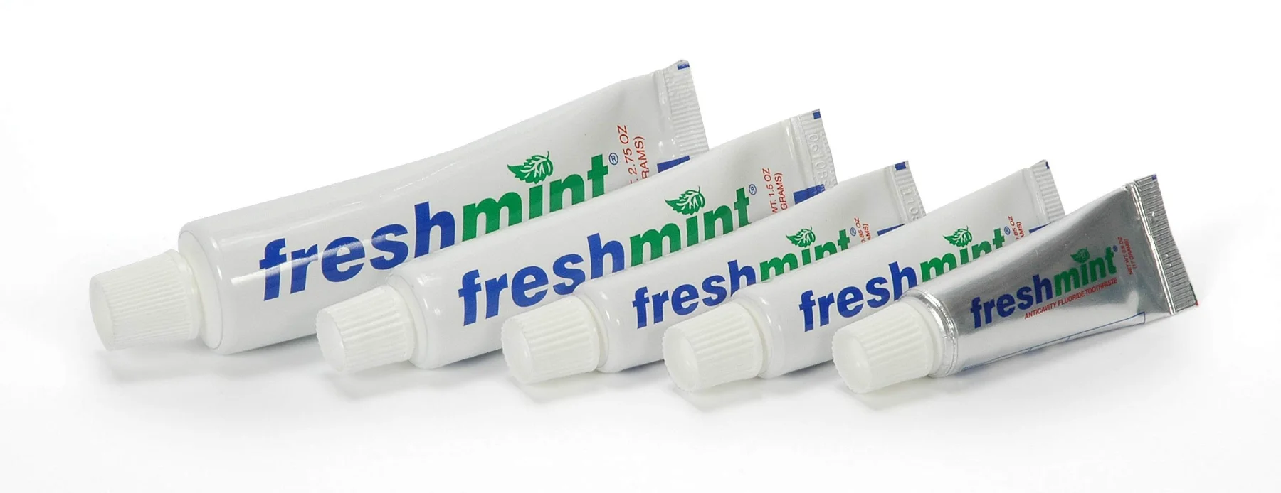 A row of Freshmint everyday toothpaste tubes